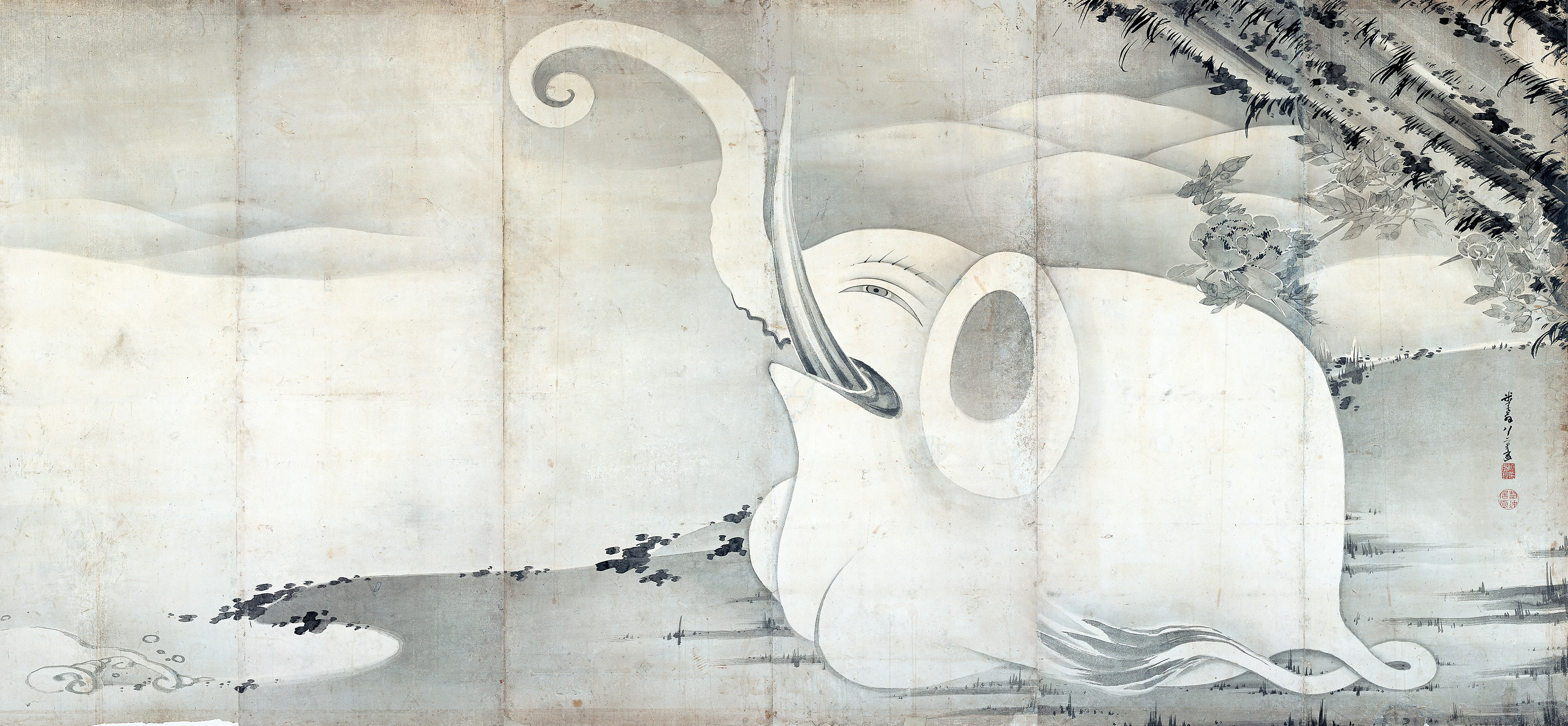 伊藤若冲　《象と鯨図屛風》　紙本墨画　六曲一双　各159.4×354.0　寛政9年（1797）　MIHO MUSEUM（部分）