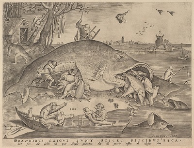 ピーテル・ブリューゲル1世、 彫版：ピーテル・ファン・デル・ヘイデン 《大きな魚は小さな魚を食う》1557年 エングレーヴィング Museum BVB, Rotterdam, the Netherlands