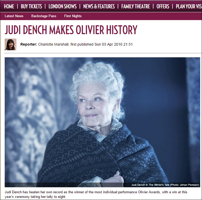 ジュディ・デンチの史上最多受賞を伝える英国「Official London Theatre」サイトより