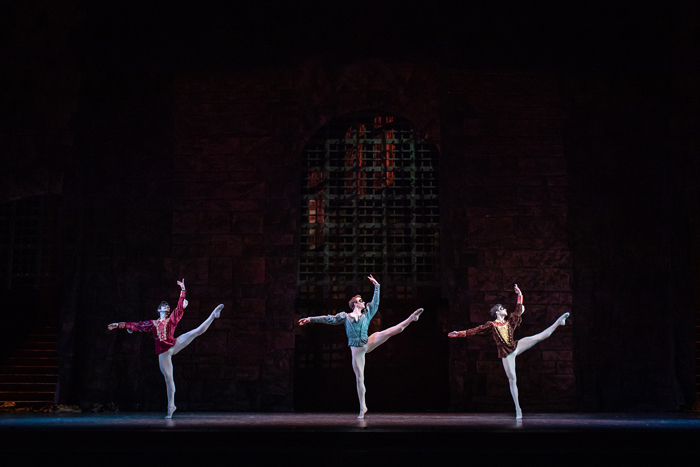 Valentino Zucchetti as Mercutio, Matthew Ball as Romeo and James Hay as Benvolio in Romeo and Juliet, The Royal Ballet