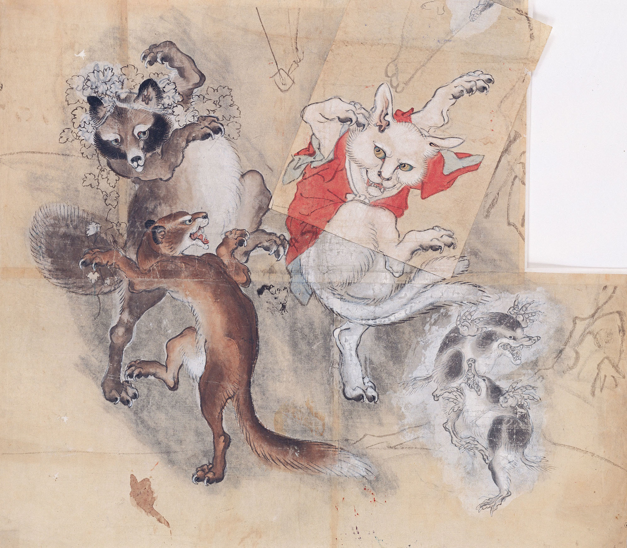 河鍋暁斎 《鳥獣戯画　猫又と狸》 画稿／明治期 河鍋暁斎記念美術館蔵