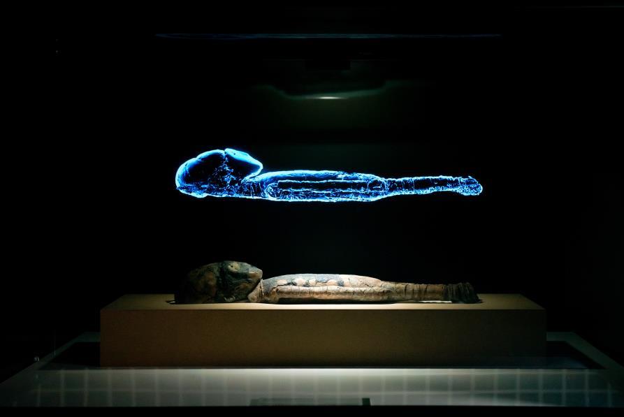 チンチョーロ文化のミイラ（レプリカ）と３D ホログラム オリジナルはバルパライソ自然史博物館所蔵