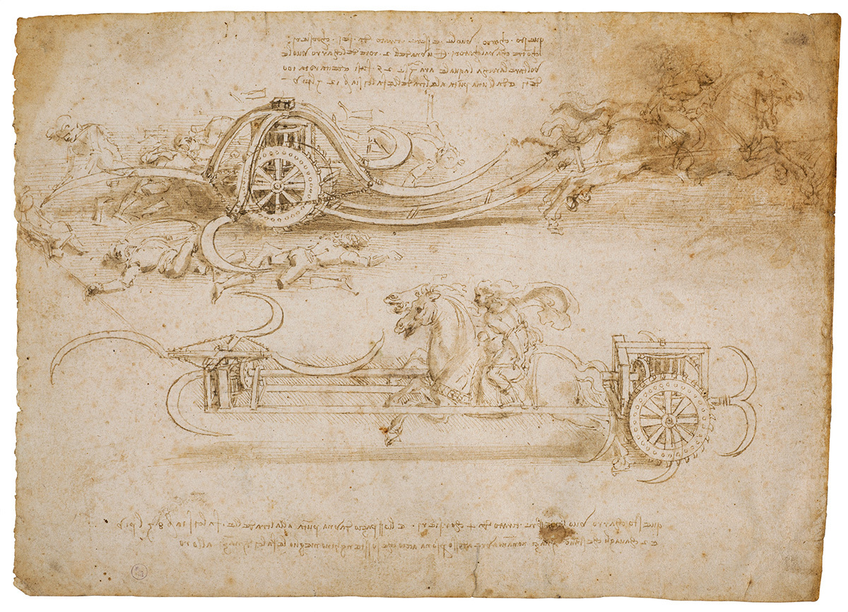 レオナルド・ダ・ヴィンチ 《大鎌を装備した戦車の二つの案》 1485年頃 トリノ王立図書館 ©Torino, Biblioteca Reale