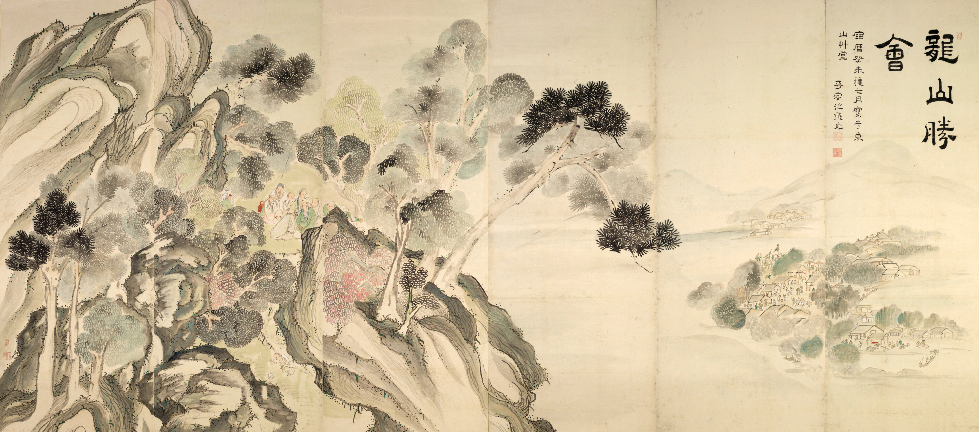蘭亭曲水・龍山勝会図屏風（左隻）　静岡県立美術館 大雅芸術のひとつの到達点を示す記念碑的作品。重文に指定されている。