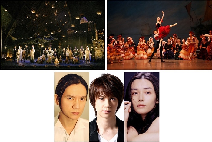 （上段左から）オペラ『夏の夜の夢』（マクヴィカー演出「夏の夜の夢」モネ劇場公演より ）、バレエ『ドン・キホーテ』、（下段） 演劇『リチャード二世』出演者