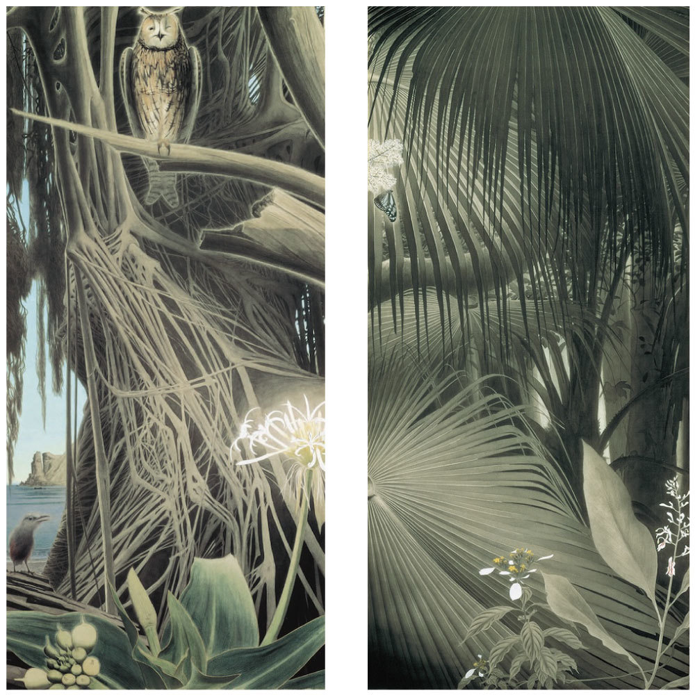 左：《榕樹に虎みゝづく》昭和48年（1973）以前 絹本墨画着色 田中一村記念美術館蔵、 右：《枇榔樹の森》昭和48年（1973）以前 絹本墨画着色 田中一村記念美術館蔵 (C)2024 Hiroshi Niiyama