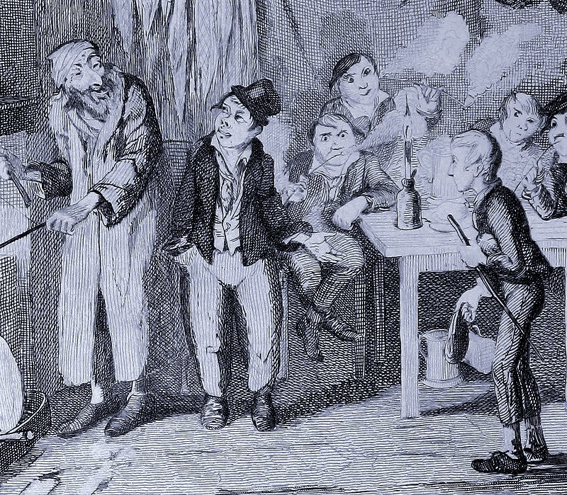 風刺画家ジョージ・クルックシャンクによる、「オリバー・ツイスト」初版本（1838年）の挿絵。右端がオリバー。中央がアートフル・ドジャーで、その左がフェイギン。