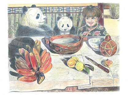 ゴーギャン「食事」を、 話題のパンダの誕生日パーティーの風景にアレンジ。 パンダといえば、 のあの人も出席で笑みを誘う。