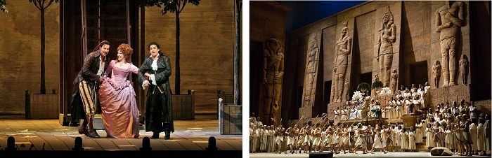 （左から）《セヴィリャの理髪師》(c)Ken Howard／Metropolitan Opera 、《アイーダ》(c)Marty Sohl／Metropolitan Opera 