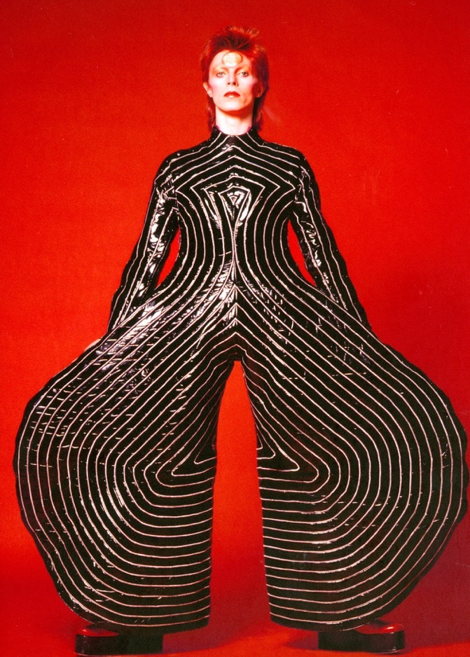 Striped bodysuit for the Aladdin Sane tour, 1973. Design by Kansai Yamamoto.