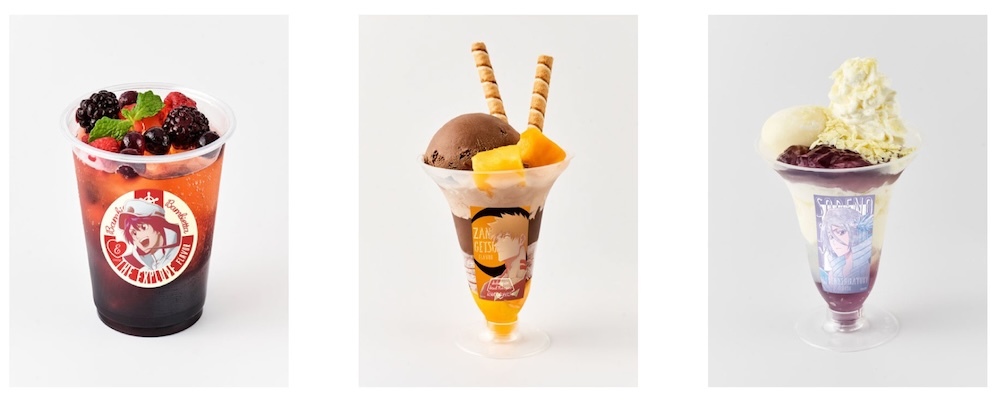 左から：ベリーコーラ-The Explode-（1,100円）、マンゴーチョコパフェ-斬月-（1,350円）、ホワイトパフェ-白霞罸-（1,350円）