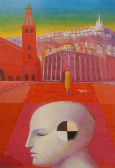 石井武夫「赤い塔の広場」60.6×72.7㎝（2016年　カンヴァス、アクリル、油彩）