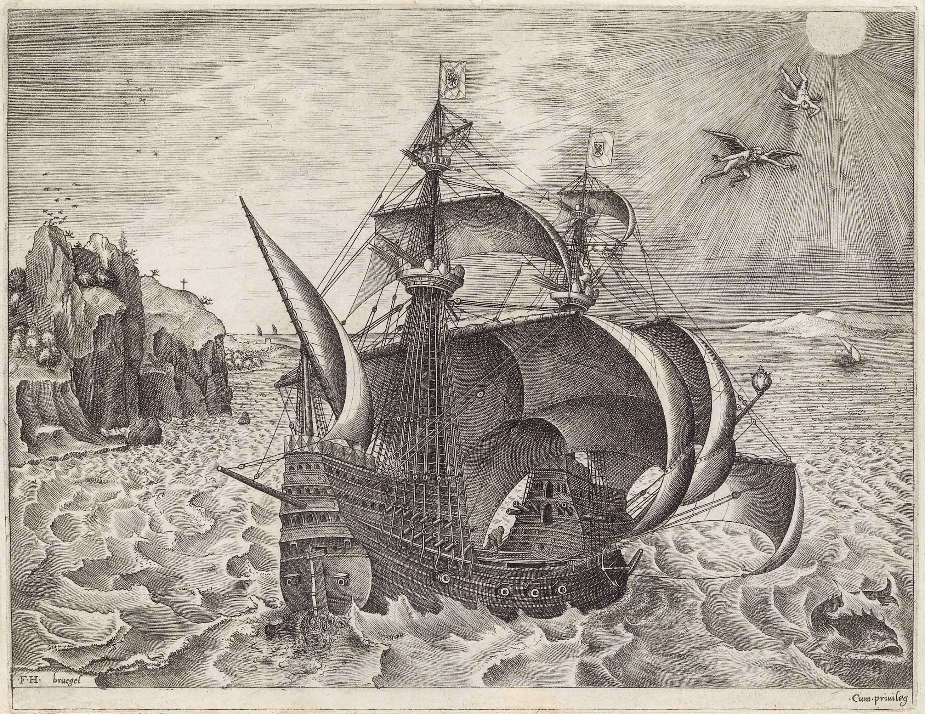 ピーテル・ブリューゲル１世（下絵）フランス・ハイス（彫版） 《イカロスの墜落の状景を伴う３本マストの武装帆船》1561-1562年頃　Private Collection