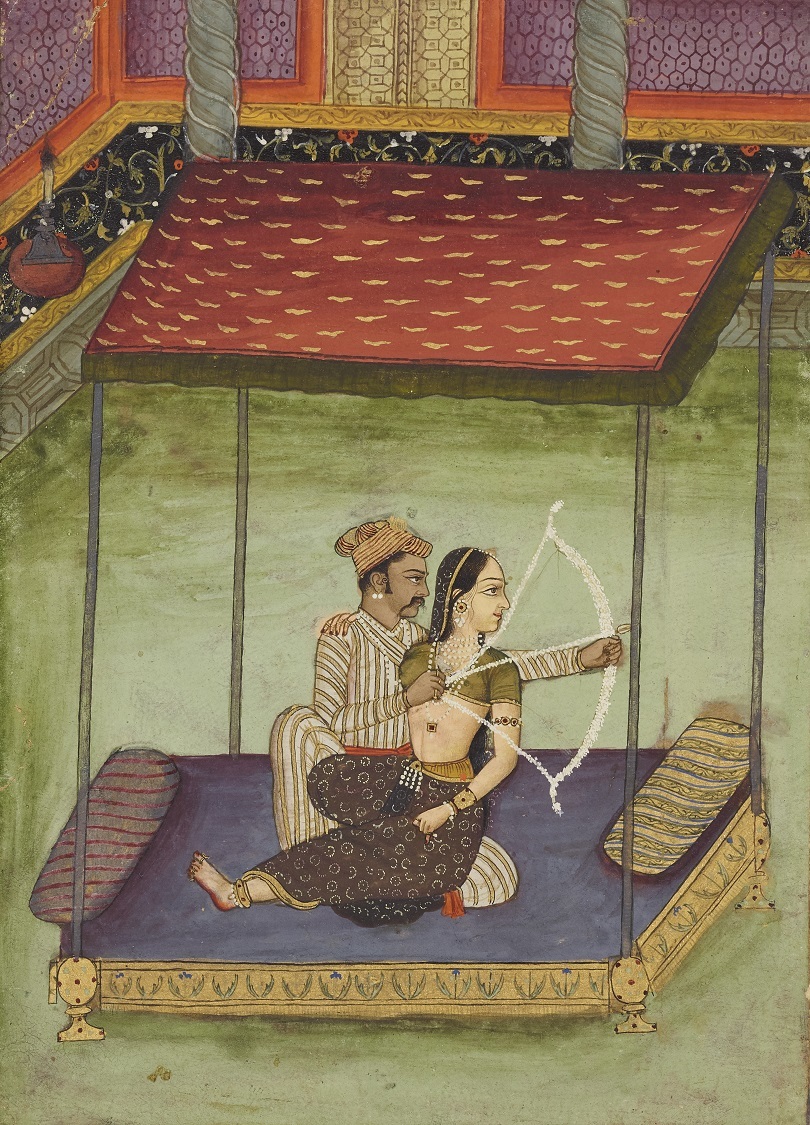 ナーイカを膝に乗せて矢をつがえるナーヤカ　ビーカーネール派　インド　18世紀初