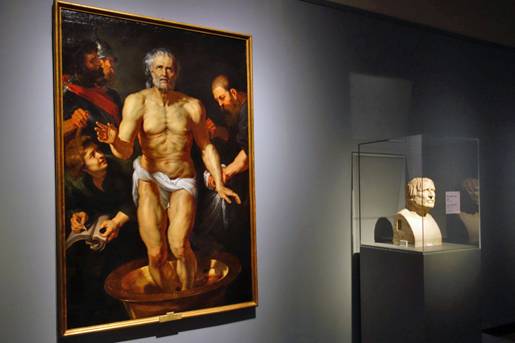左よりペーテル・パウル・ルーベンス《セネカの死》、マドリード、プラド美術館／《偽セネカ像のヘルメ柱》ローマ、カピトリーノ美術館