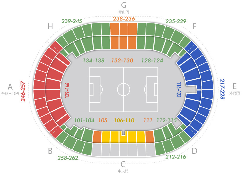 国立競技場の座席図。今年は2層まで開放する
