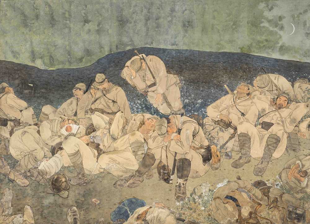 《虫の音》1938年 個人蔵　  新発見作品。戦場で仮眠をとる疲れ果てた兵士たちの姿を描く。