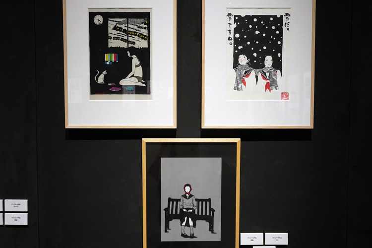 左上：オリジナル作品《夜猫》、右上：オリジナル作品《冬》、下：オリジナル作品《スカーフ》