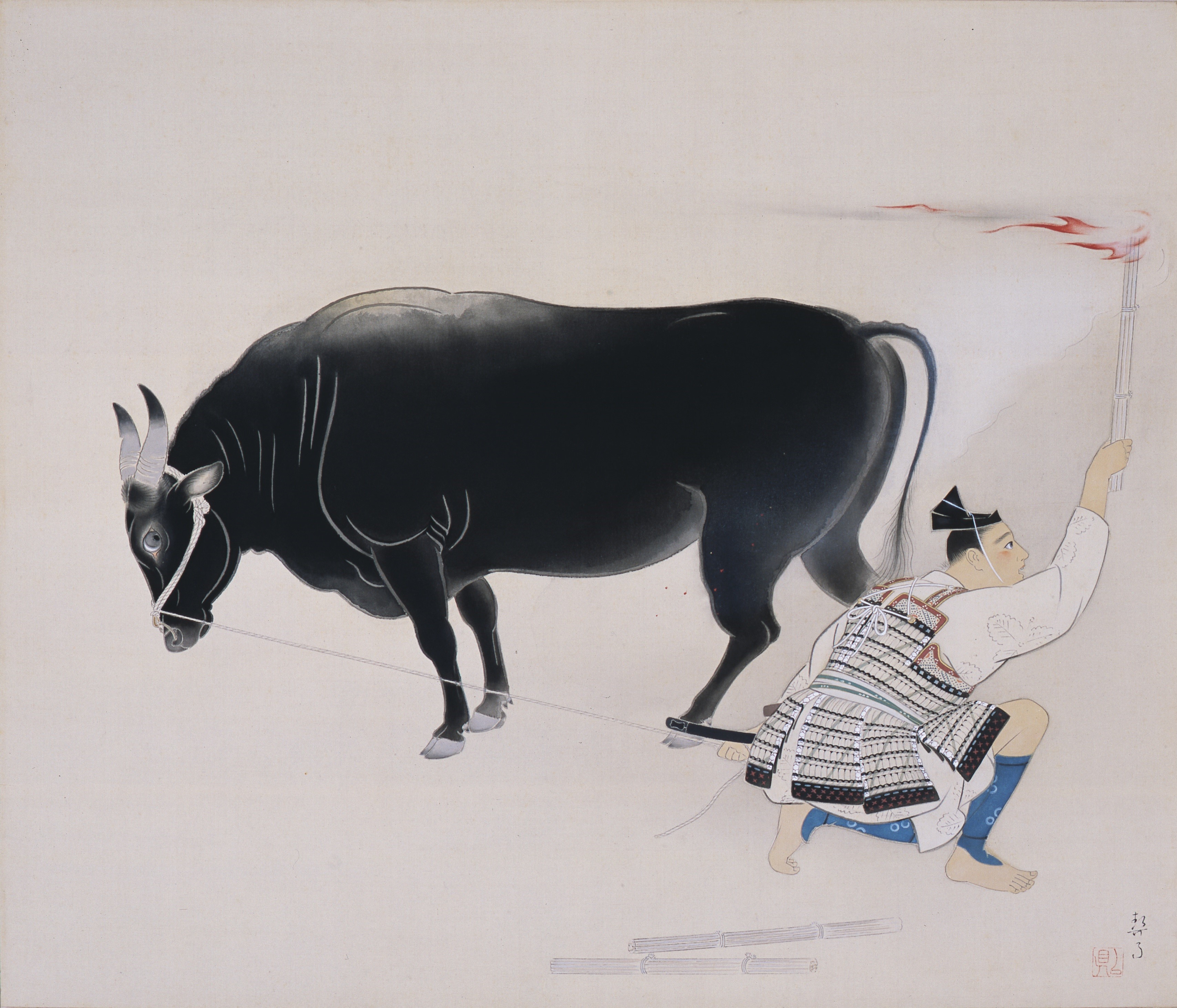 菊池契月「松明牛」 福田美術館蔵（前期）