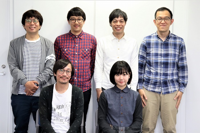 （右上から）上田誠、石田剛太、酒井善史、諏訪雅、（右下から）藤谷理子、中川晴樹