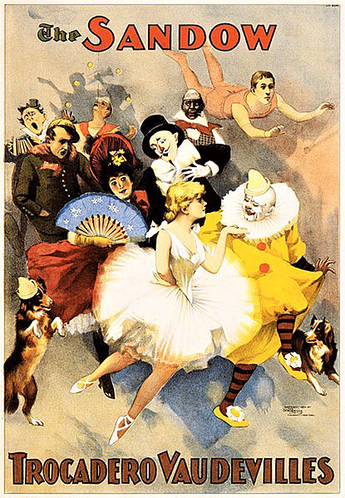 元祖ボディビルダーの怪力男サンドウが率いる、ヴォードヴィル一座のポスター（1894年上演）。多彩な出し物がうかがえる。