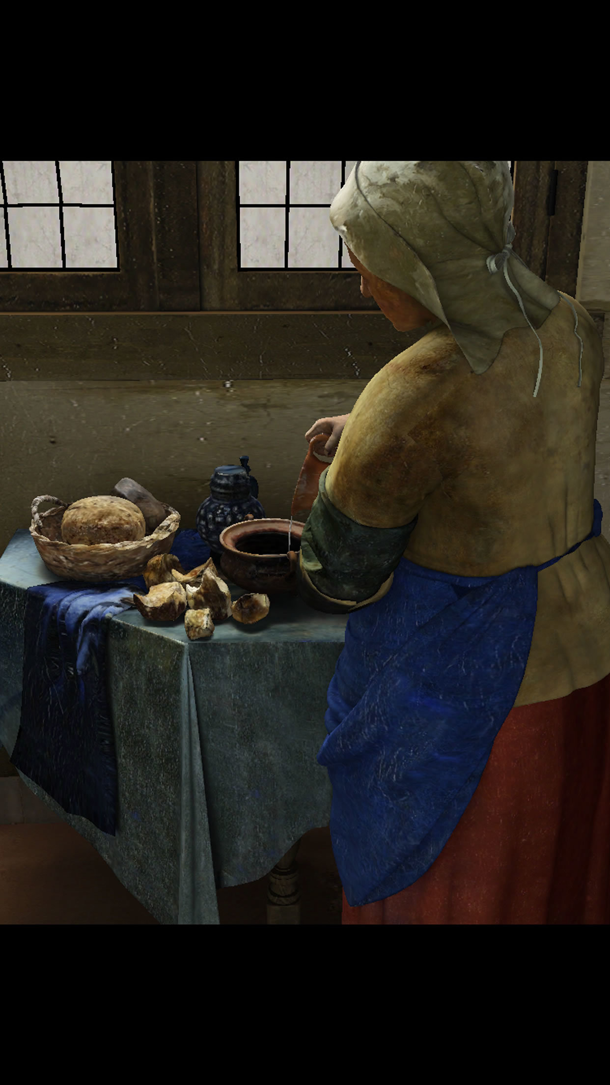 以上３点　 『ViewPaint フェルメール《牛乳を注ぐ女》』より 製作・著作：凸版印刷株式会社 ／ 監修：小林頼子（目白大学教授） ／ Original photo data (Het melkmeisje [The Milkmaid] by Johannes Vermeer)：©Rijksmuseum Amsterdam. Purchased with the support of the Vereniging Rembrandt.