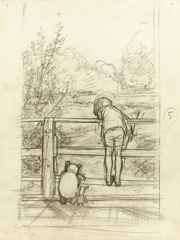 「ながいあいだ、三人はだまって、下を流れてゆく川をながめていました」、 『プー横丁にたった家』第6章、E.H.シェパード、鉛筆画、1928年、  ジェームス・デュボース・コレクション (C) The Shepard Trust