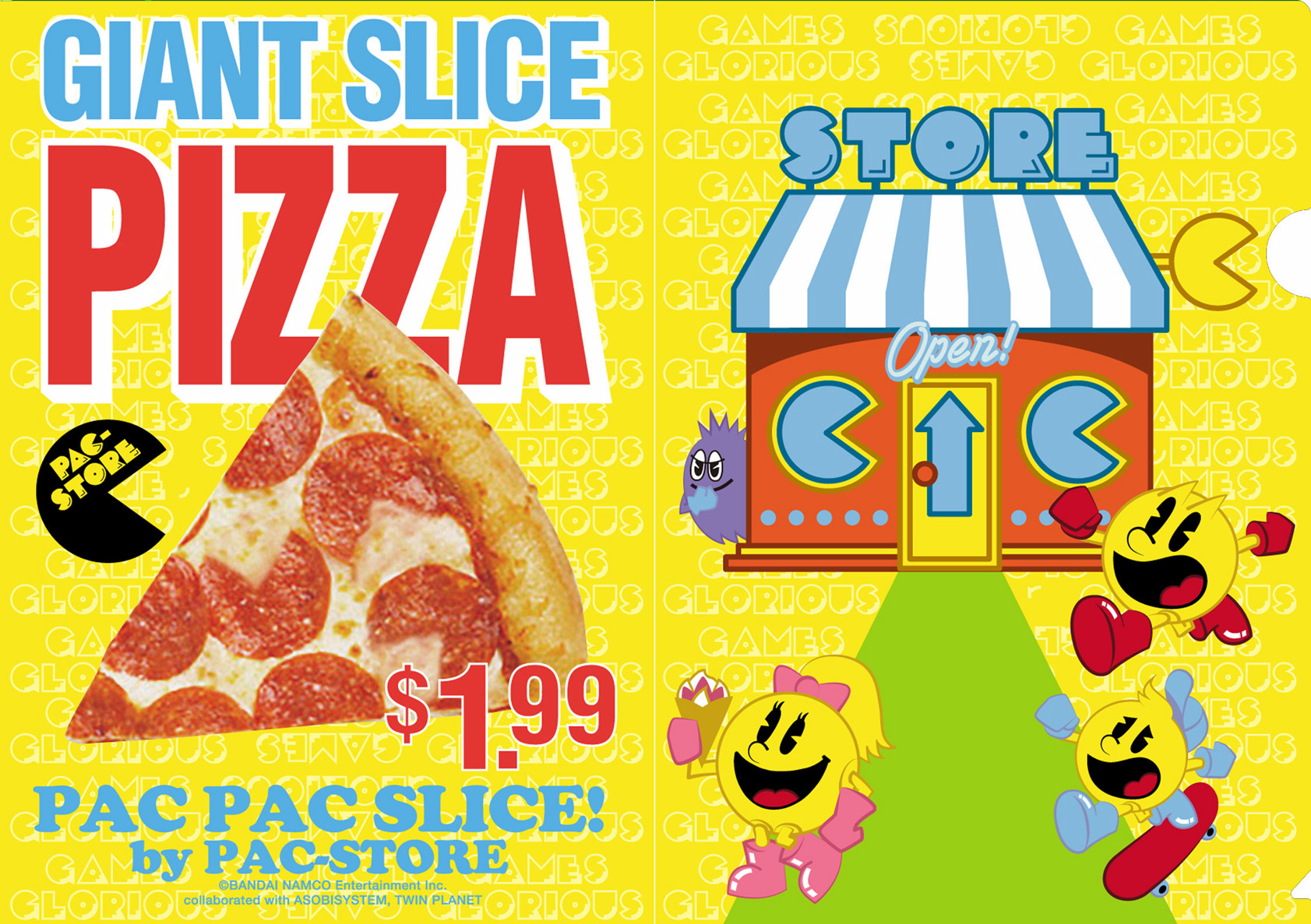 GINZA x GAMES GLORIOUS x PAC STORE クリアファイル：ピザ屋をイメージしたアメコ ミ風デザイン、パックストアのオリジナルグラフィティを散りばめたデザインの２種 類（各￥432(税込)  / A4サイズ）