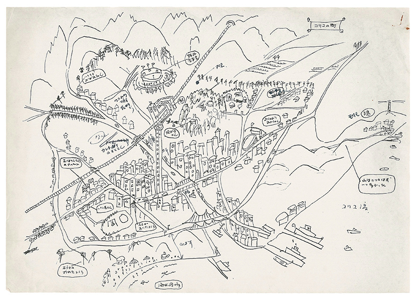 角野が描いた「魔女の宅急便」の舞台コリコの町のイメージ図