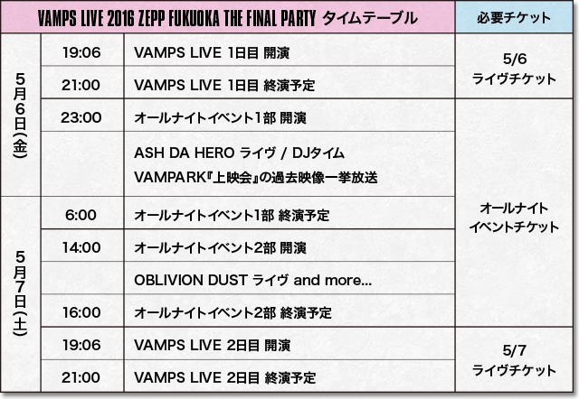 『VAMPS LIVE 2016 ZEPP FUKUOKA THE FINAL PARTY』タイムテーブル