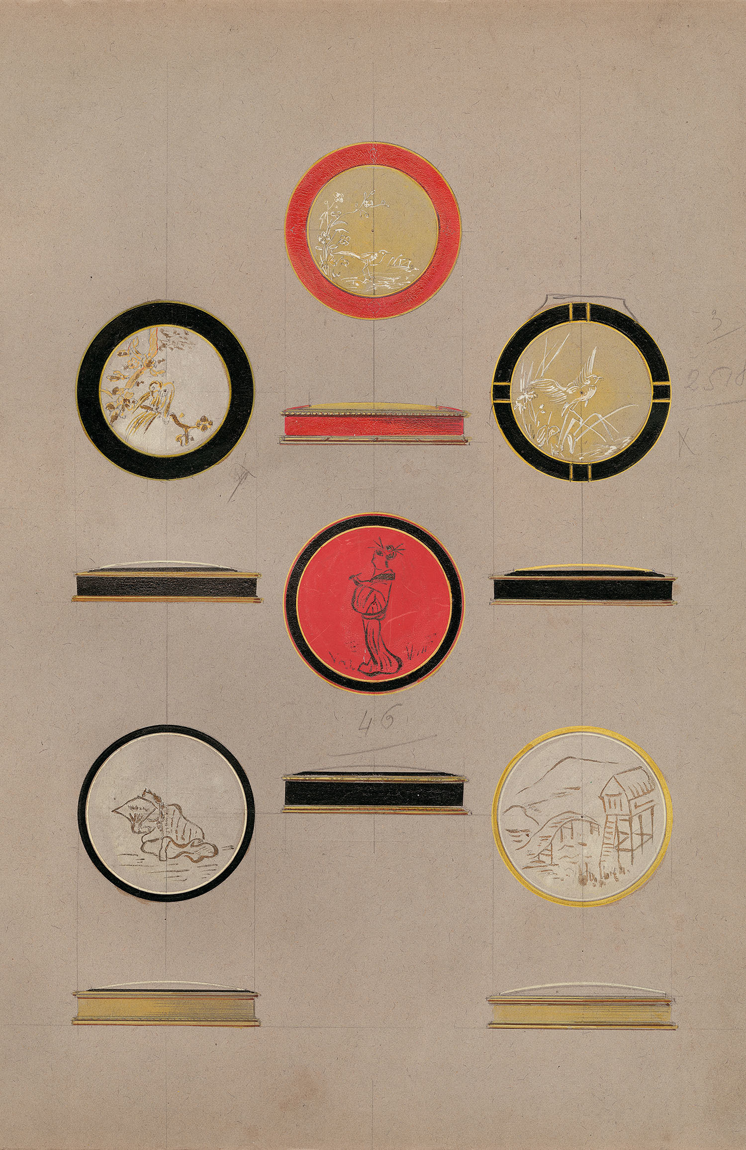 ショーメデザイン工房 《「日本風」のデザイン画》 人物、風景、自然モティーフの化粧ケース 1925年頃 鉛筆、グアッシュ、墨 ショーメ・コレクション、パリ (C) Chaumet