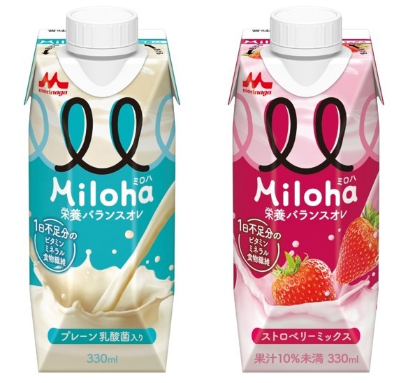 左：「Miloha」乳酸菌入りの甘酸っぱい味わい。 右：「Miloha ストロベリーミックス」ストロベリーをメインに、 カシスやリンゴ果汁を使用した フルーティーな味わい。