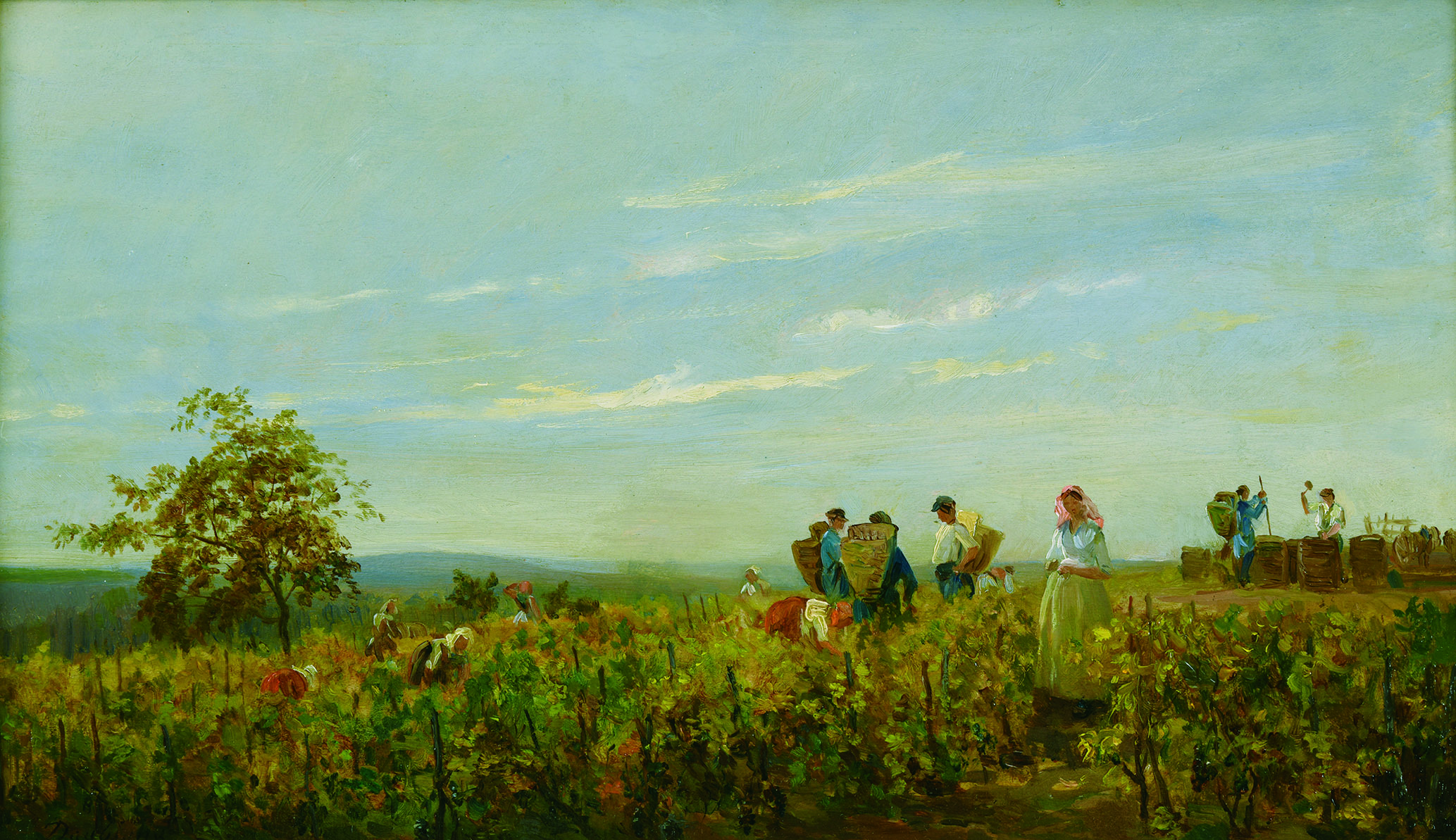 シャルル＝フランソワ・ドービニー 《ブドウの収穫》 1863年頃 油彩/板 24.5×42.3㎝ フランス、個人蔵 (C)Christian Devleeschauwer