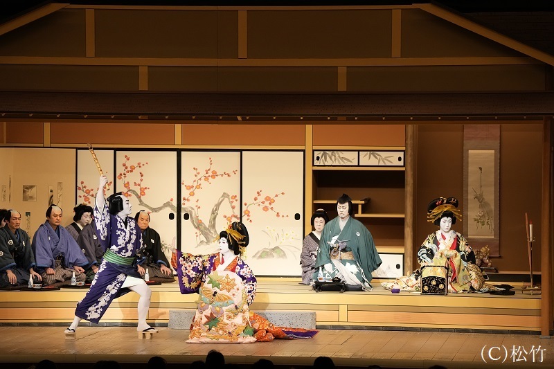 昼の部『御所五郎蔵』（左より）御所五郎蔵=片岡愛之助、傾城逢州=中村米吉、星影土右衛門=尾上松緑、傾城皐月=中村時蔵