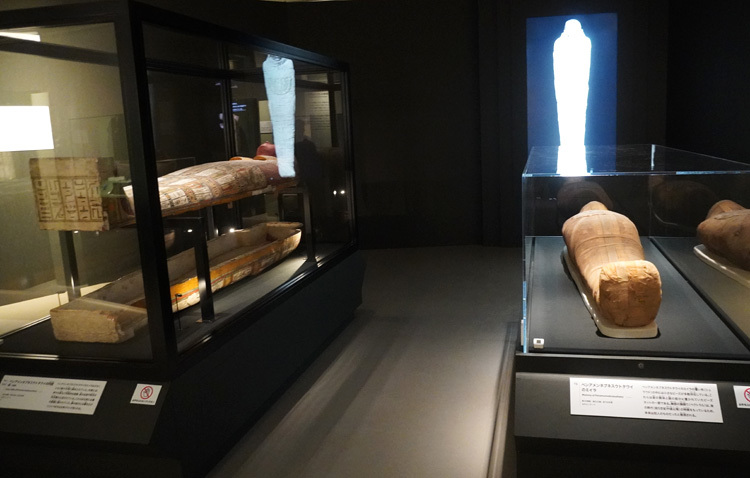 左：ペンアメンネブネスウトタウイの内棺　右：ペンアメンネブネスウトタウイのミイラ（いずれも前700年頃） 展示には、ペンアメンネブネスウトタウイのように棺のあるミイラと、ハワラの子どものミイラのように棺のないミイラがある。