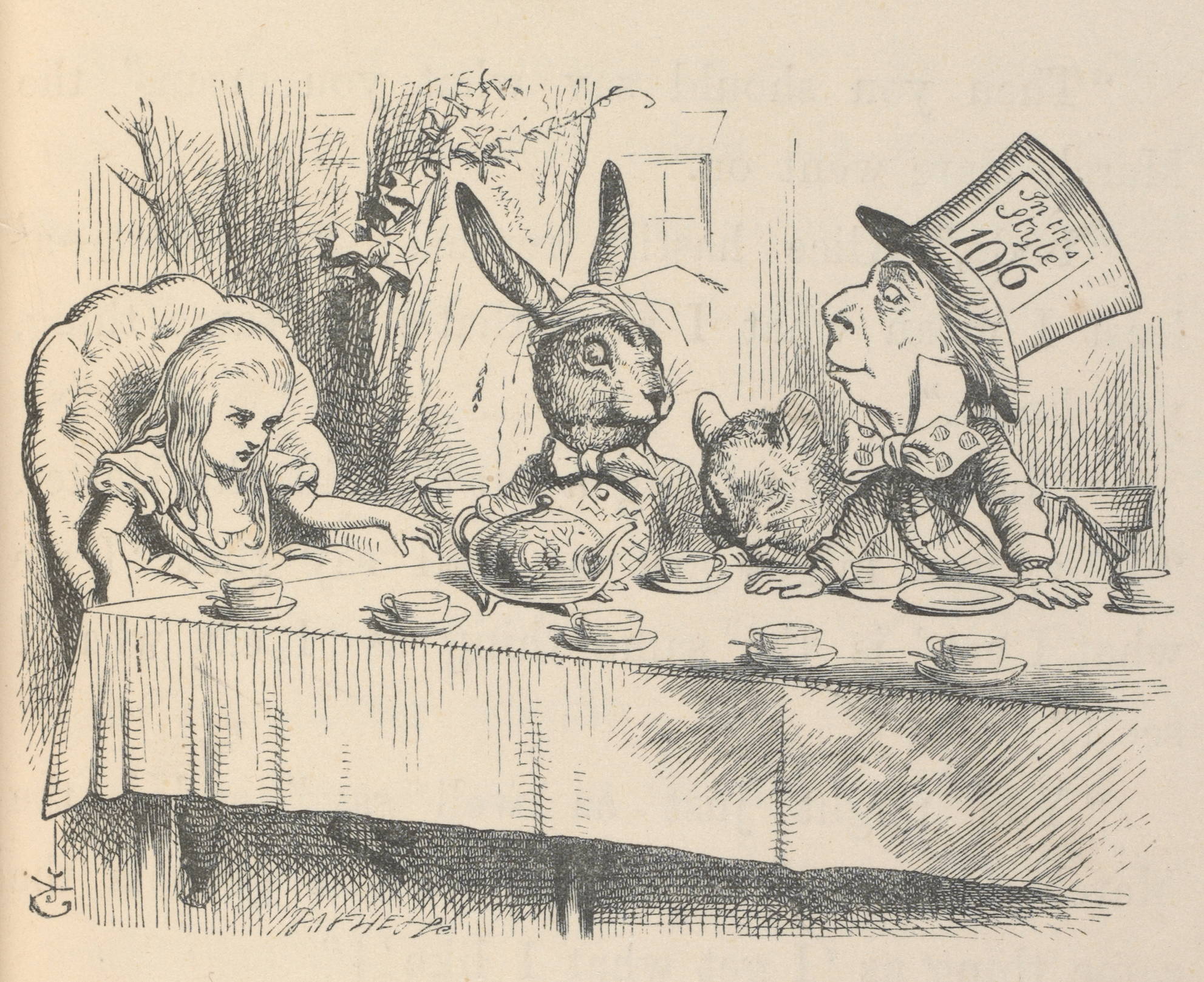 マッド・ハッターのお茶会でのアリス、『不思議の国のアリス』初刊行版本より、ジョン・テニエル画、1866年、 V&A内ナショナル・アート図書館所蔵