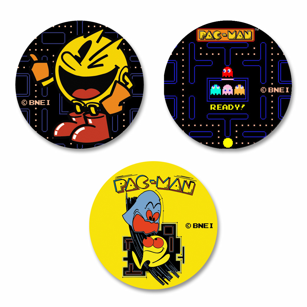 PAC-MAN 缶バッジセット：パックマンの各コンセプトデザイン３種類の缶バッジセット(￥790(税込))