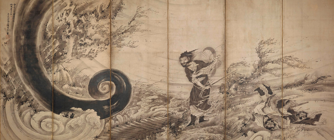 曾我蕭白《風仙図屏風》江戸時代、1764年（宝暦14年／明和元年）頃　155.8cm x 364 cm　六曲一隻、紙本墨画