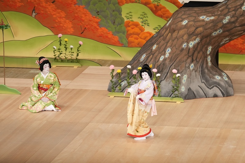 昼の部『紅葉狩』（左より）腰元岩橋=市川男女蔵、侍女野菊=市川ぼたん ／(C)松竹