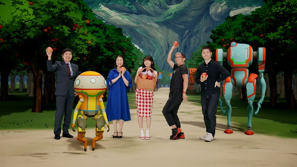  写真左から、笠井信輔（司会）、A37(ロボット)、氷上恭子(A37 役)、高野麻里佳(サラ役)、伊藤健太郎(E92 役)、入江泰浩(監督)、E92(ロボット)