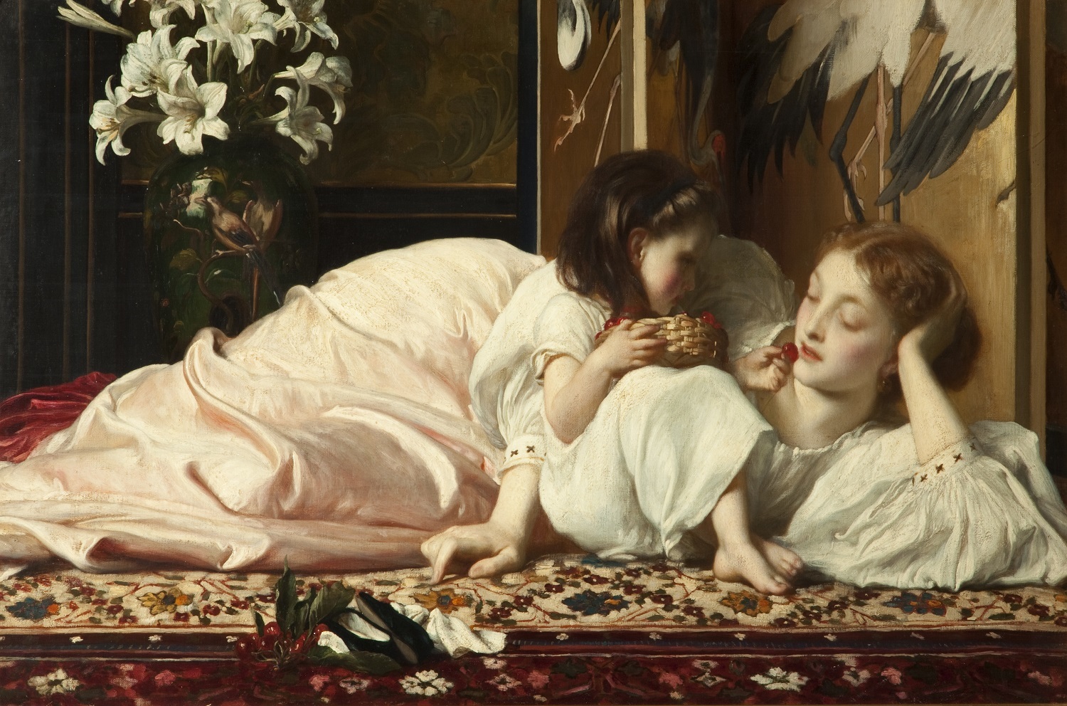 フレデリック・レイトン《母と子（サクランボ）》1864－65年頃、油彩／カンヴァス、48.2×82 cm、 ブラックバーン美術館 (C) Blackburn Museum and Art Gallery