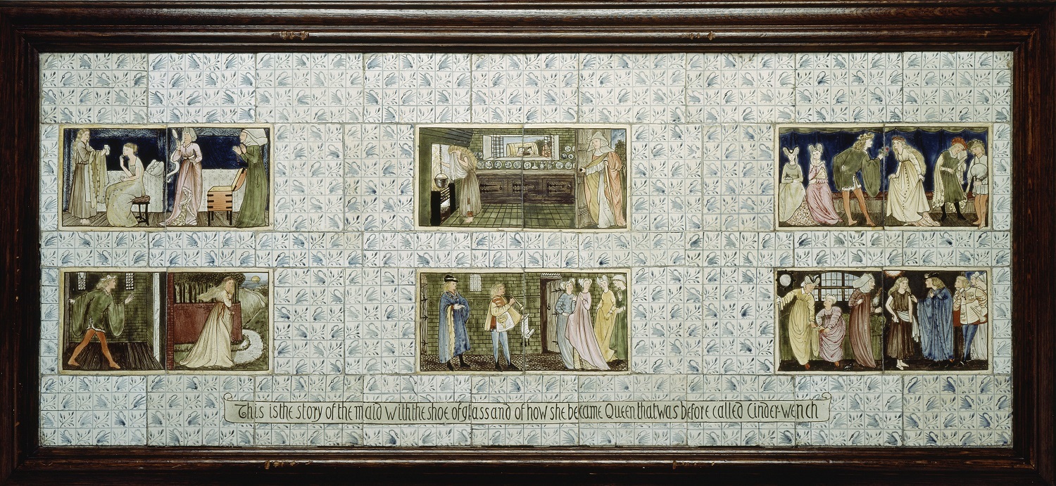 モリス・マーシャル・フォークナー商会《シンデレラ（連作タイル画）――「灰かぶり」と呼ばれていた娘がガラスの靴を与えられ、やがて王女となる物語》1863－64年、6枚の錫釉陶器タイルからなるパネル、56×138 cm、リヴァプール国立美術館、 ウォーカー・アート・ギャラリー　(C) National Museums Liverpool, Walker Art Gallery