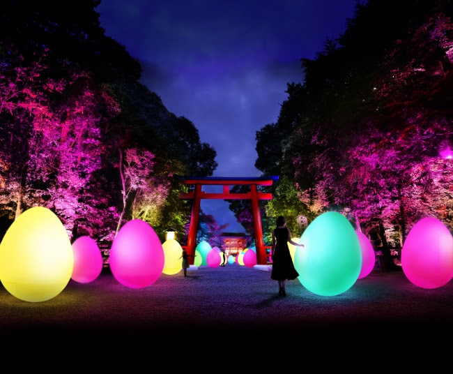 呼応する、 たちつづけるものたちと森 – 下鴨神社 糺の森 / Resisting and Resonating Ovoids and Forest – Forest of Tadasu at Shimogamo Shrine   teamLab, 2018, Interactive Digital Installation, Endless, Sound: Hideaki Takahashi