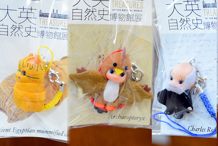 ミュージアムショップのコスチュームキューピー│(左から)猫のミイラ、始祖鳥、ダーウィン