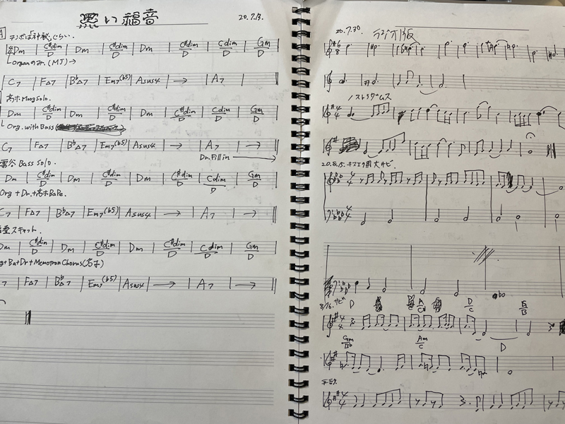 「Hibernation」作曲メモ。この段階では使用するメロディはまったくできていない。左隣には10日前にレコーディングした「黒い福音」の楽譜もある。