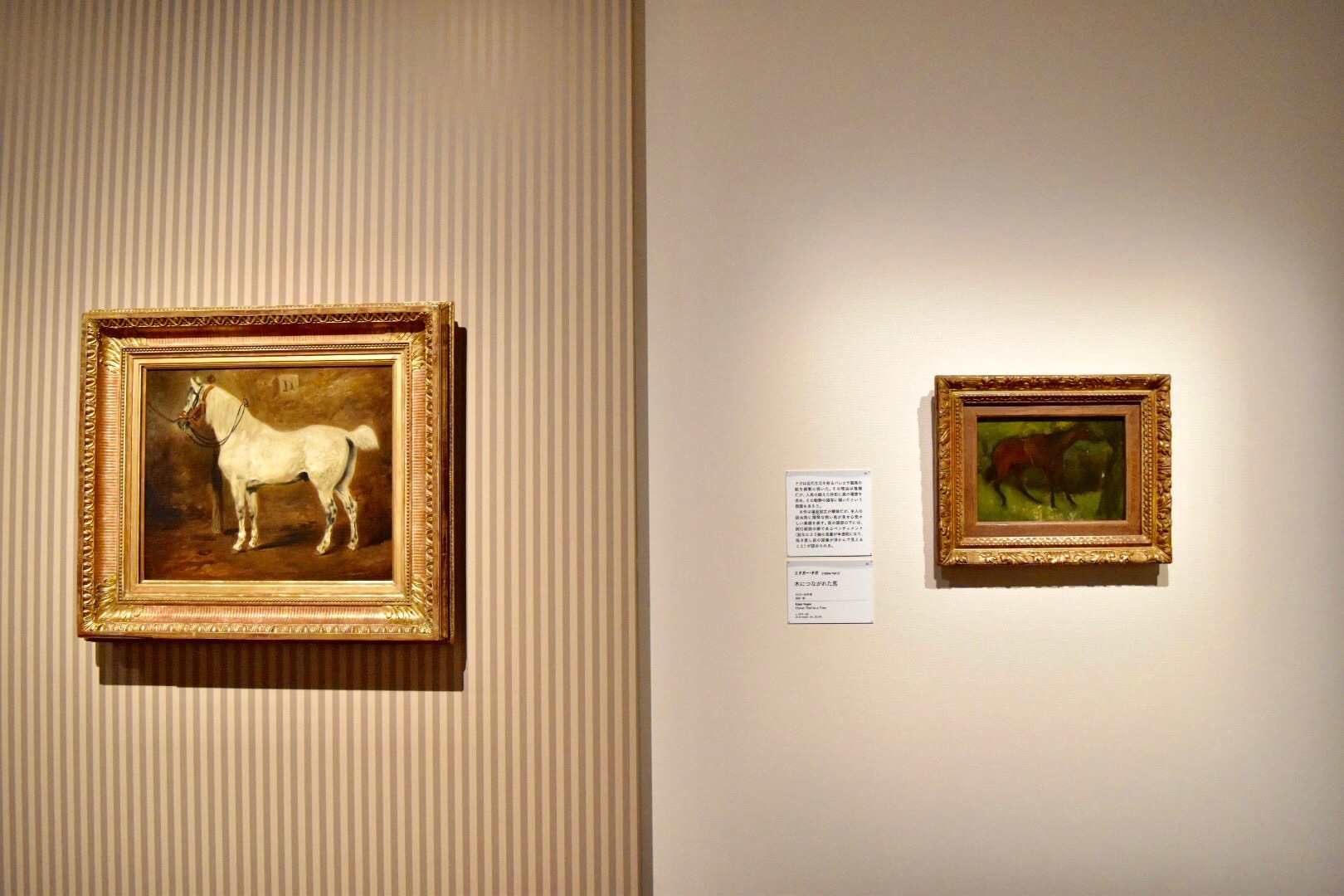 左：アレクシ・ペリニョン　《白馬》　油彩、カンヴァス　(C)CSG  CIC Glasgow Museums Collection　右：エドガー・ドガ　《木につながれた馬》　1873-80年頃　油彩、板　(C)CSG CIC Glasgow Museums Collection