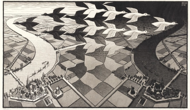 《昼と夜》1938年　All M.C. Escher works copyright (C)The M.C.Escher Company B.V.　-　Baarn - Holland. All rights reserved. www.mcescher.com