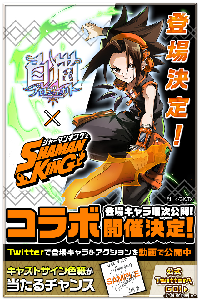 「白猫×SHAMAN KING コラボ開催記念！フォロー＆RTでサイン色紙が当たる！キャンペーン」 (C)COLOPL, Inc. (C)武井宏之・講談社／SHAMAN KING Project.・テレビ東京