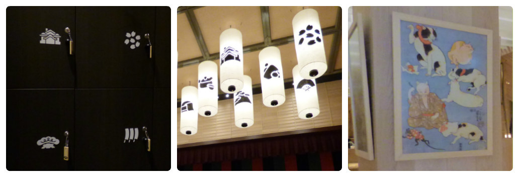 細々したところにまで“和”が仕掛けられている。(左)カプセルホテルのロッカーの模様(中央)大衆演劇が観られる広間のライト(右)雑誌コーナーの柱の絵