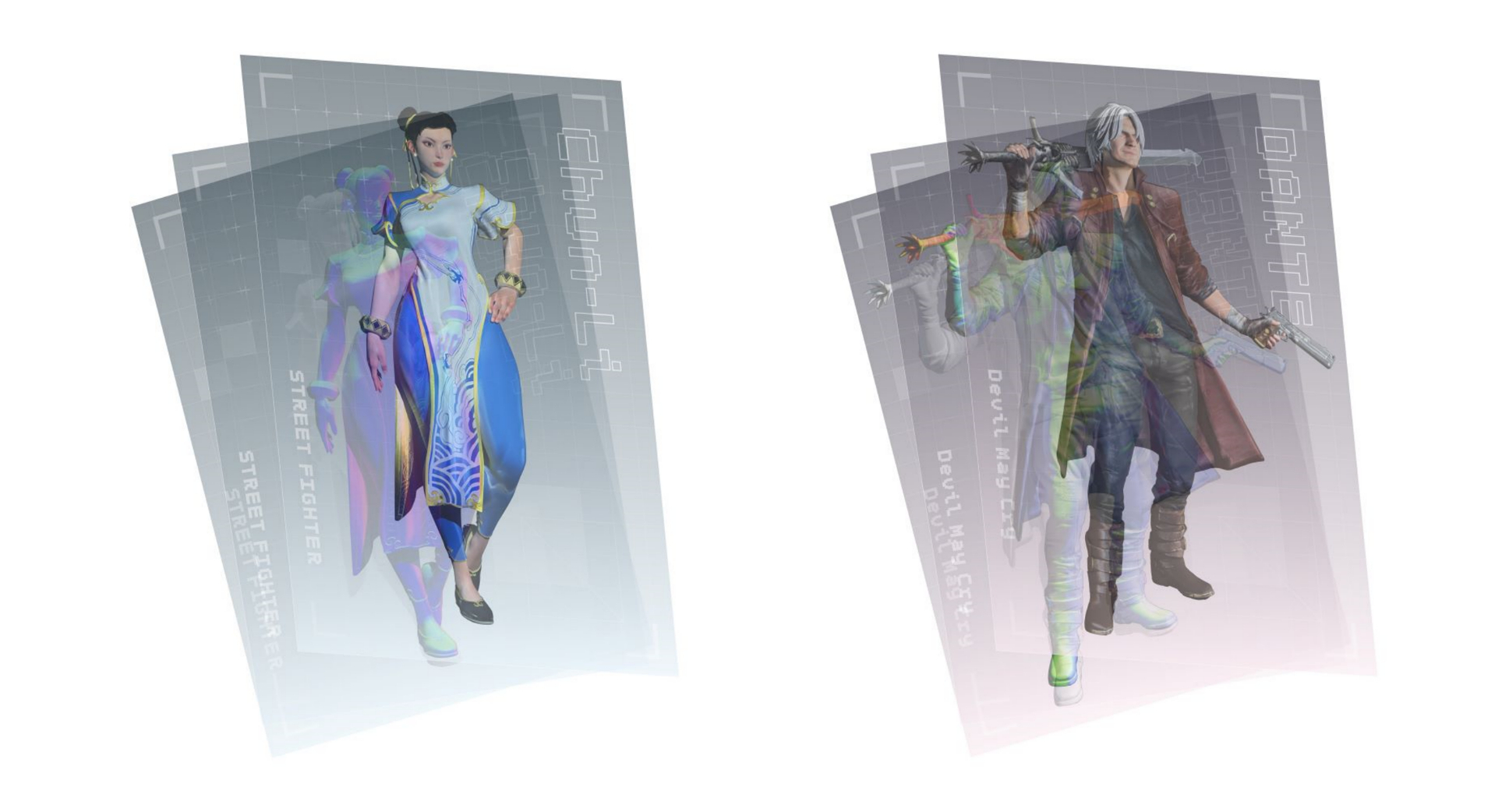 レンチキュラーポストカード（春麗／ダンテ）　各990円（税込）　 「プロジェクションマッピング（春麗/ダンテ）」の展示を、角度を変えると画像が3パターンに切り変わるレンチキュラーのポストカードで再現。春麗とダンテの2種。（C）CAPCOM